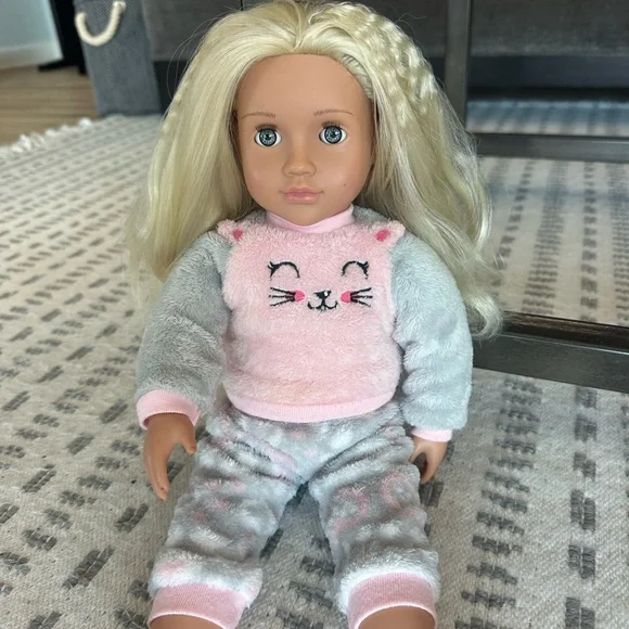 Our Generation 18” Doll wearing Pink & Gray Cozy Cat Pajamas - Picture 6 of 8